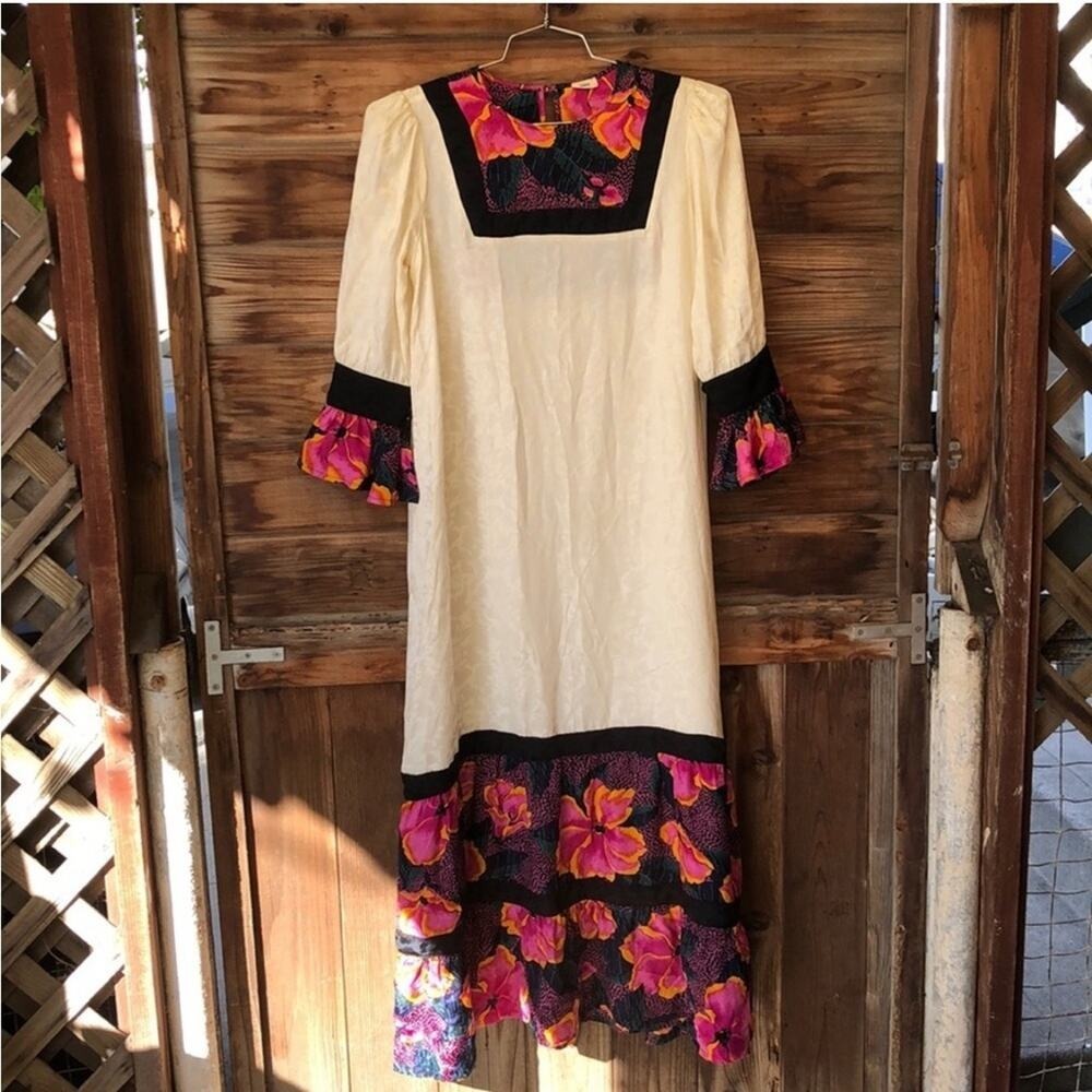 Warm Brand Silk Maxi Tropical Floral Boho Peasant Dress S